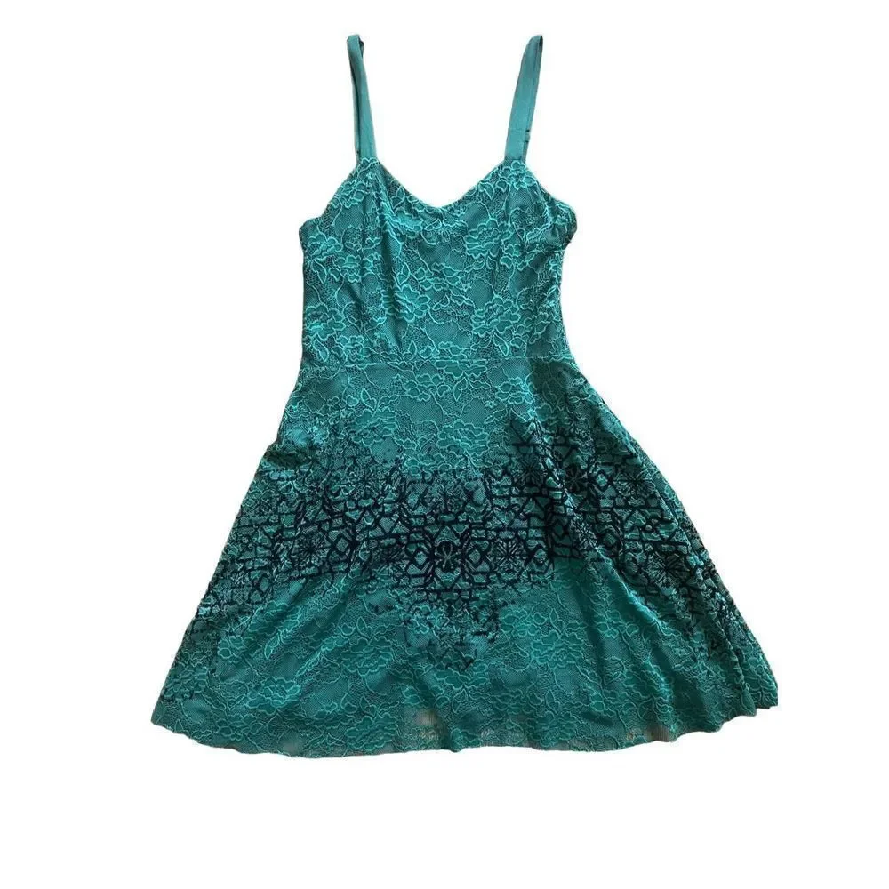 Free People Strap Mini Flare Dress Green‎ Floral Lace Black Velvety Detail